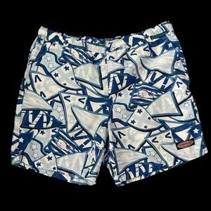 Vineyard Vines Blue and White Swim Trunks with Artistic‎ Design
